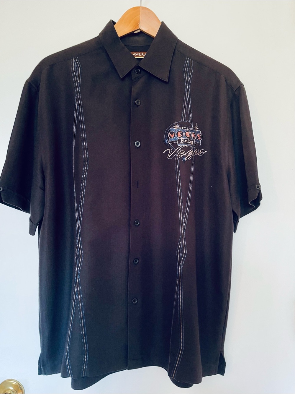 Cubavera Black Short-Sleeve Button-Down Camp Shirt with Vegas Embroidery